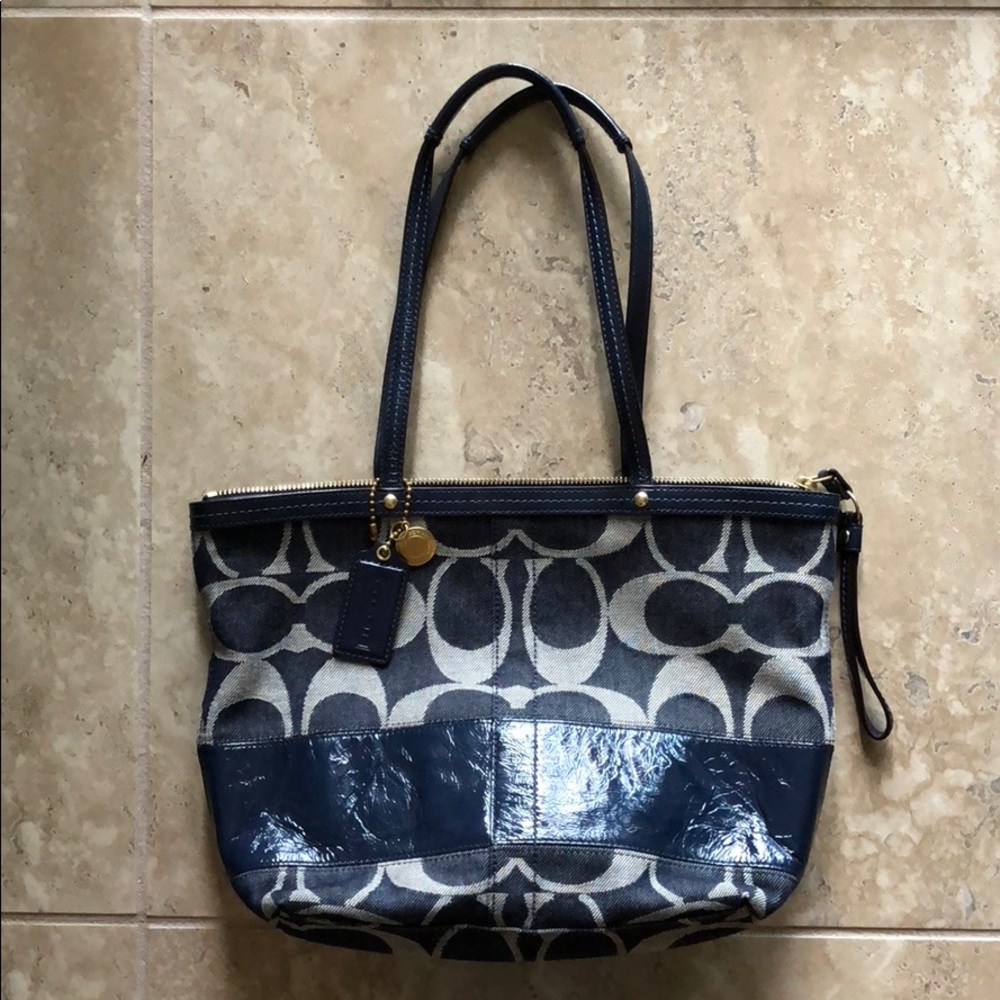 Coach Blue fabric and leather hand bag